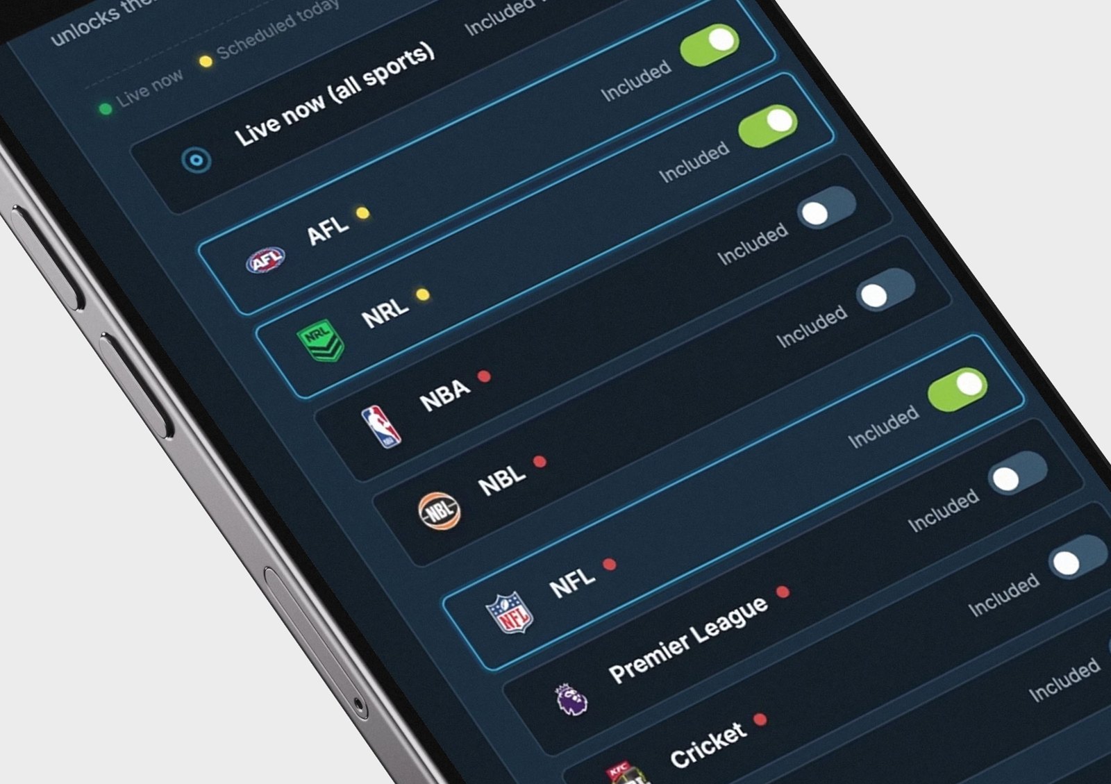 Ticking sports on and off from a phone in the Cove Live portal